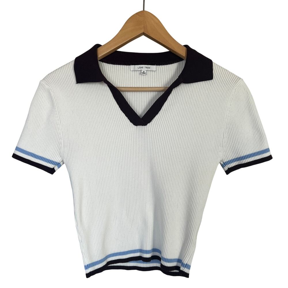 Love Tree White Striped Cropped Polo Top Ribbed Short Sleeve V-Neck Blouse Sz M